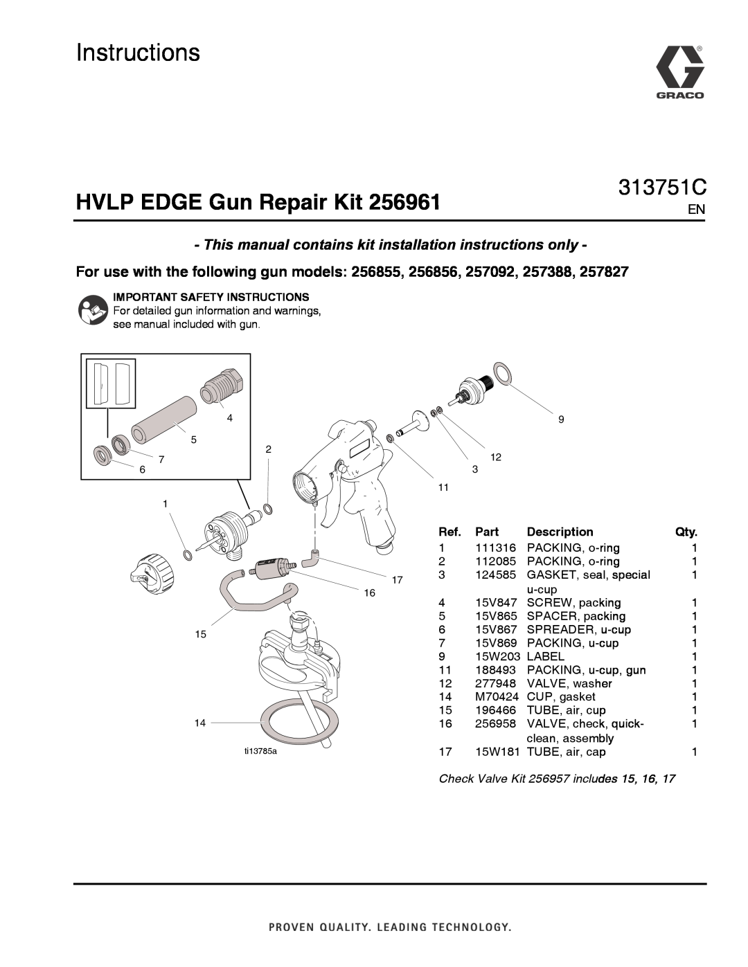 Graco 256961 installation instructions Instructions, HVLP EDGE Gun Repair Kit, 313751C, Part, Description 