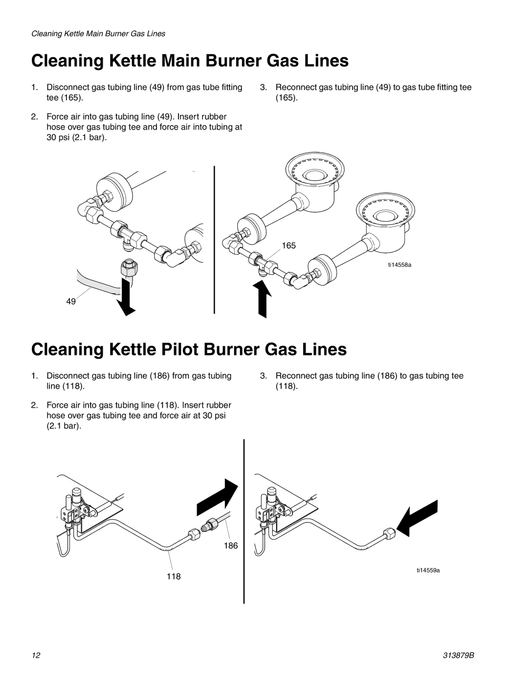 Graco 258699, 257500 Cleaning Kettle Main Burner Gas Lines, Cleaning Kettle Pilot Burner Gas Lines 