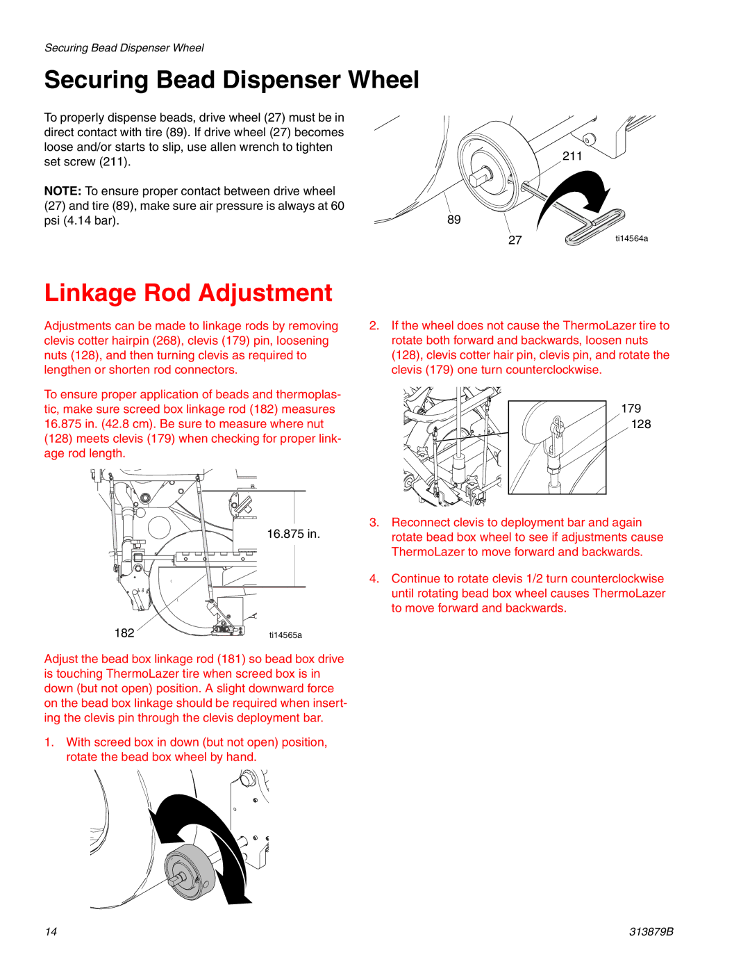 Graco 258699, 257500 important safety instructions Securing Bead Dispenser Wheel, Linkage Rod Adjustment 