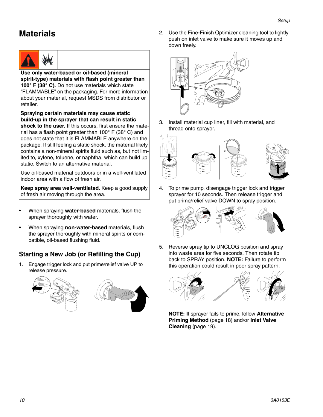 Graco 258865, 258859 Materials, Starting a New Job or Refilling the Cup, Priming Method page 18 and/or Inlet Valve 