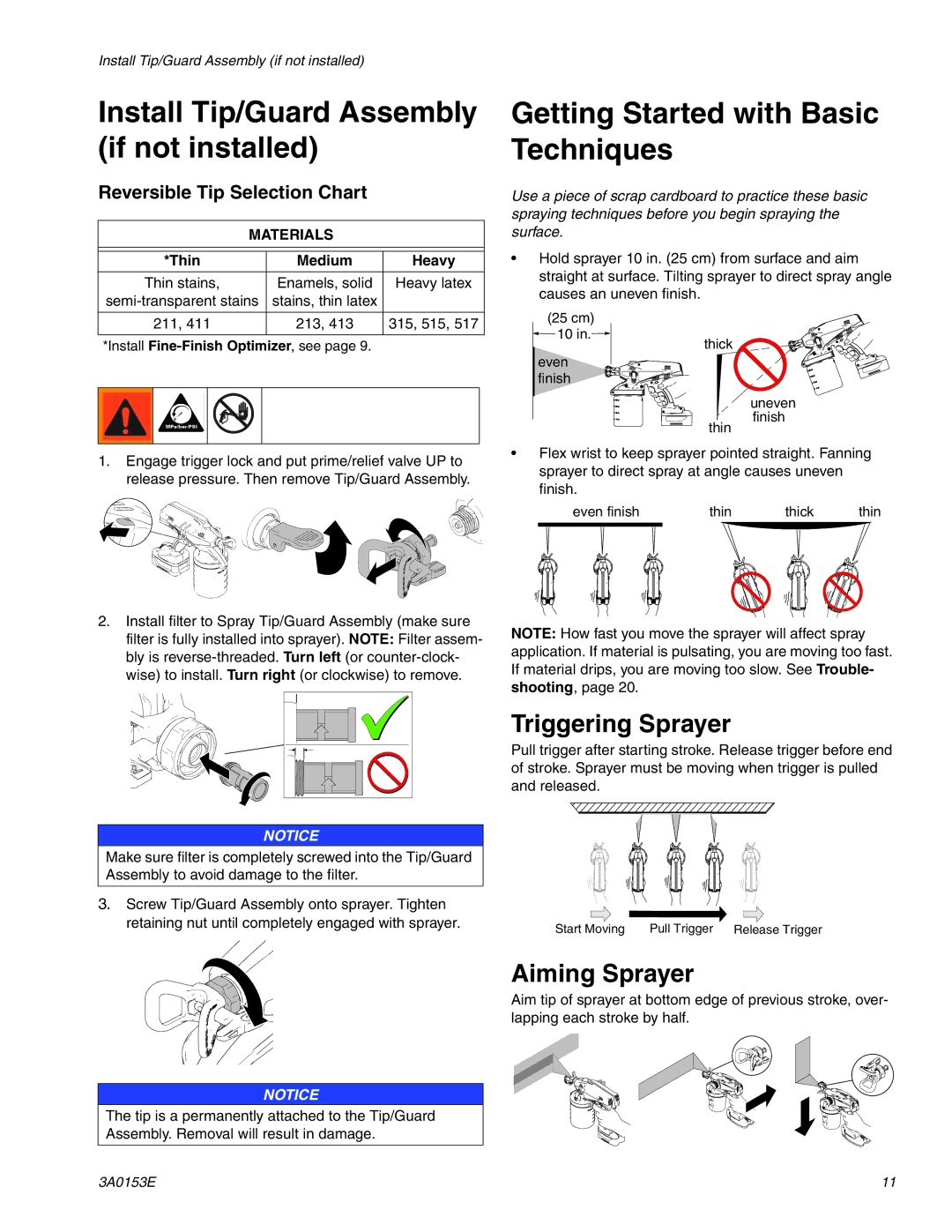 Graco 258859, 258865 important safety instructions Triggering Sprayer, Aiming Sprayer, Reversible Tip Selection Chart 