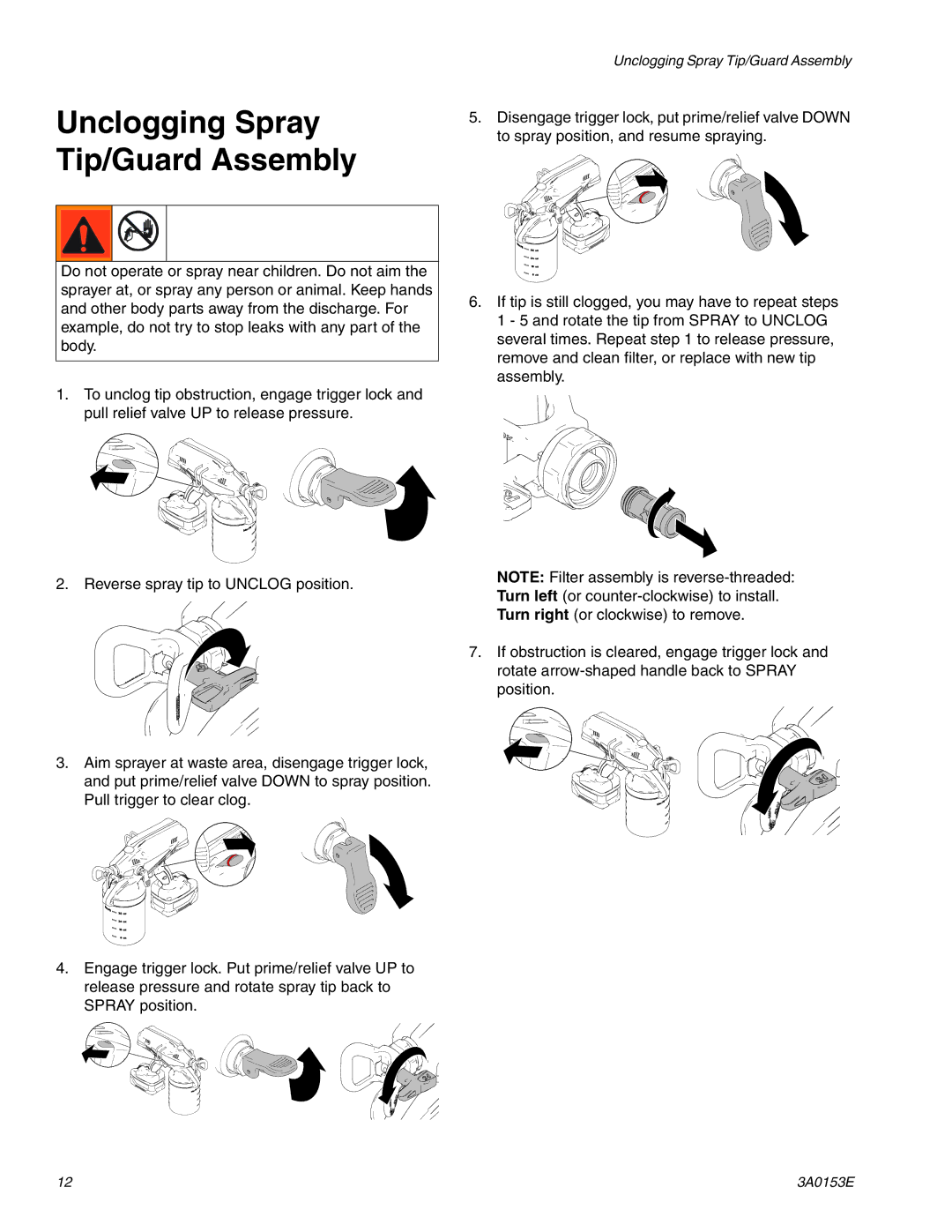 Graco 258865, 258859 important safety instructions Unclogging Spray Tip/Guard Assembly 