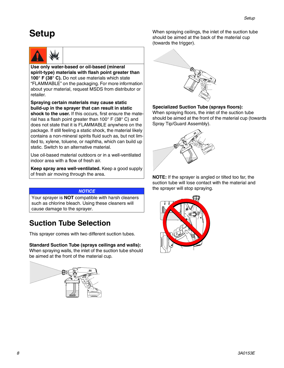 Graco 258865, 258859 Setup, Suction Tube Selection, Standard Suction Tube sprays ceilings and walls 