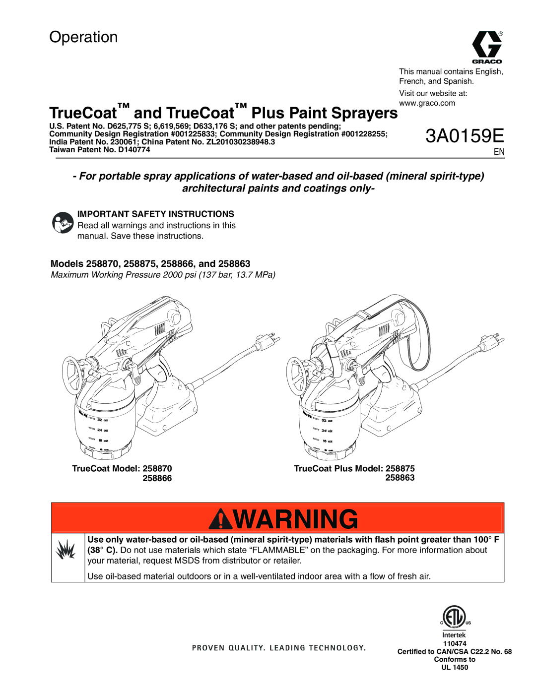 Graco 258870, 258875, 258866. 258863. 3A0159E important safety instructions 