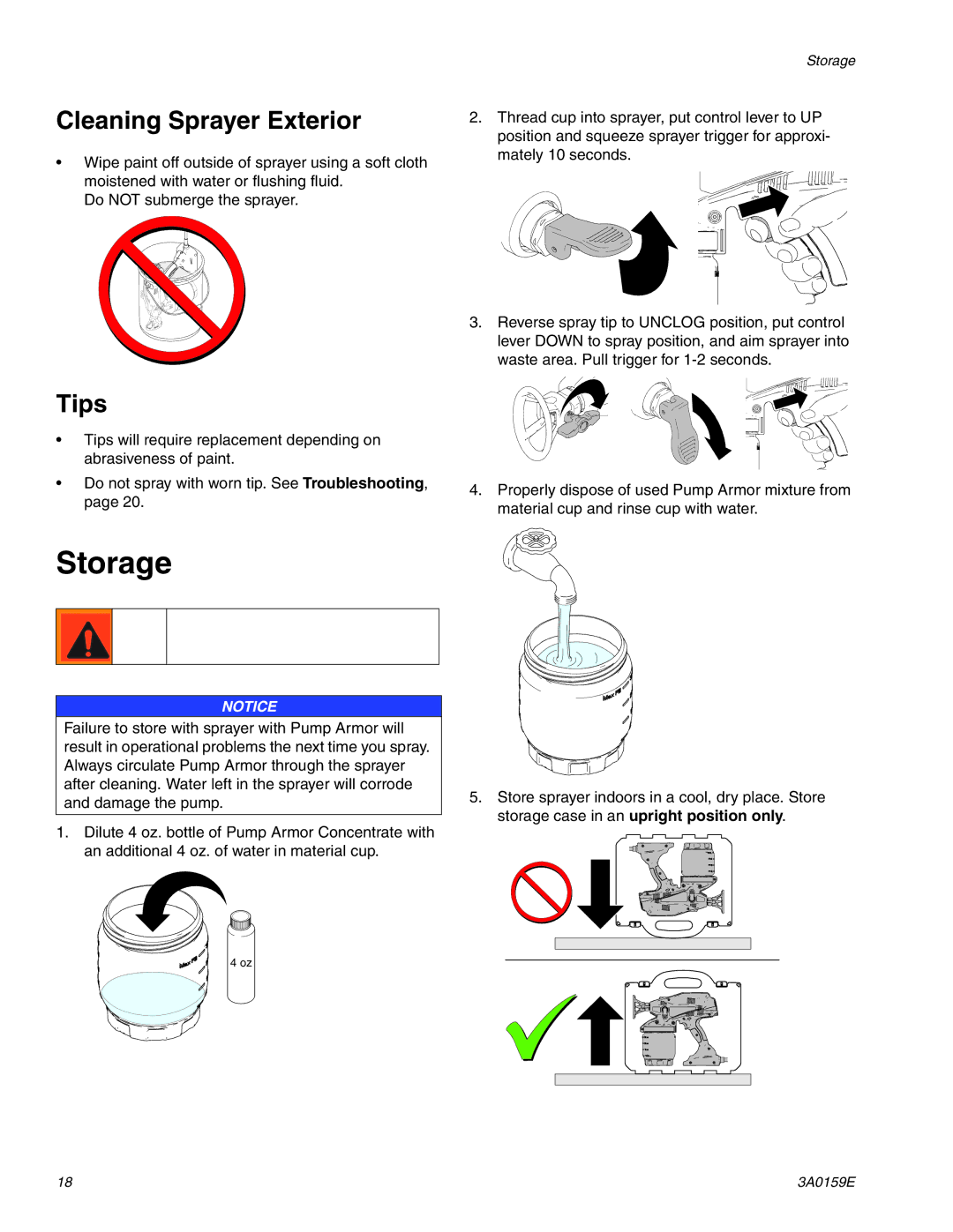 Graco 258875, 258870, 258866. 258863. 3A0159E important safety instructions Storage, Cleaning Sprayer Exterior, Tips 