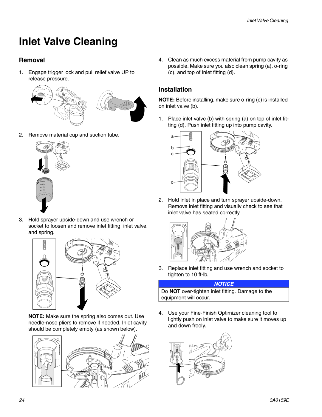 Graco 258875, 258870, 258866. 258863. 3A0159E important safety instructions Inlet Valve Cleaning, Removal, Installation 