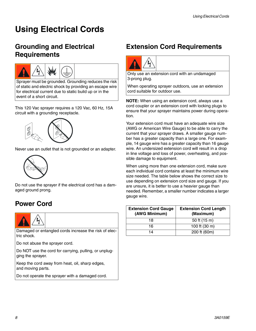 Graco 258866. 258863. 3A0159E, 258875, 258870 Using Electrical Cords, Grounding and Electrical Requirements, Power Cord 