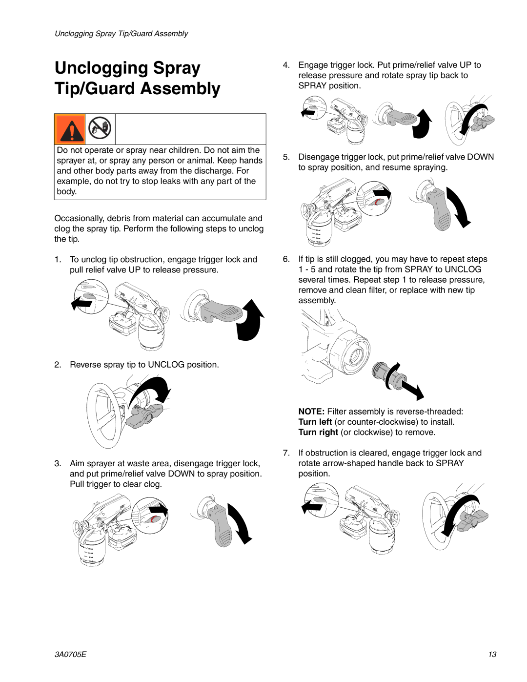 Graco 258864, 258880 important safety instructions Unclogging Spray Tip/Guard Assembly 