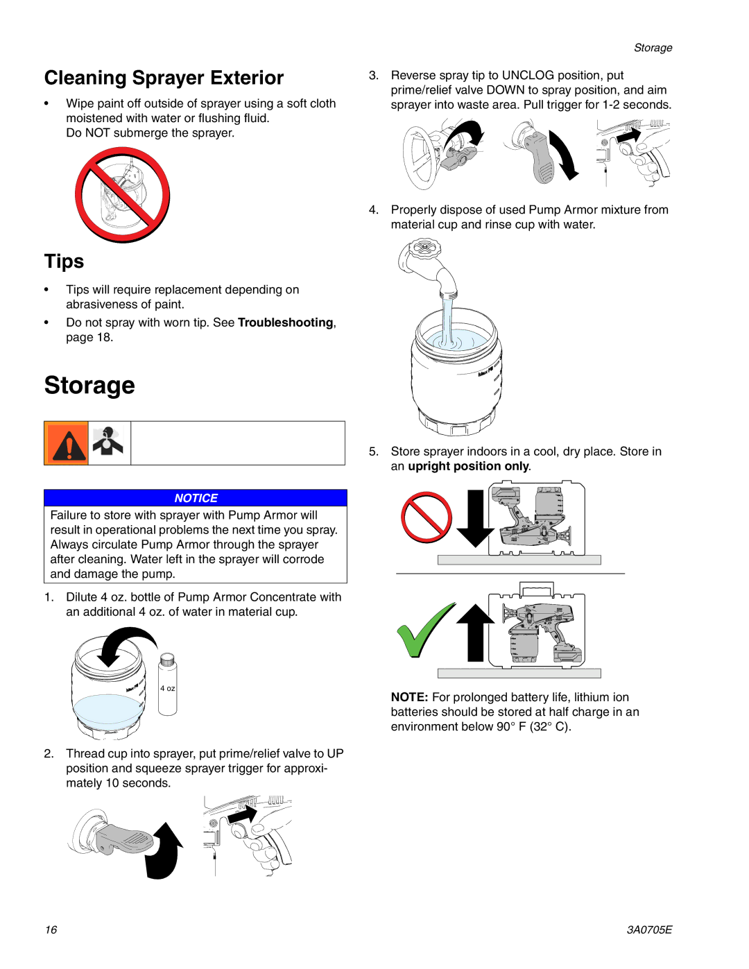 Graco 258880, 258864 important safety instructions Storage, Cleaning Sprayer Exterior, Tips 