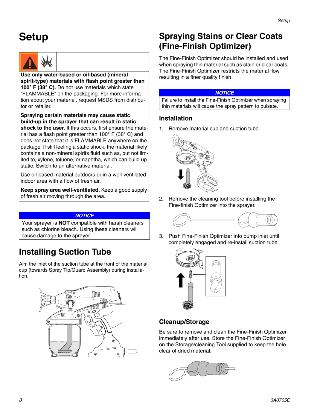 Graco 258880, 258864 Setup, Installing Suction Tube, Spraying Stains or Clear Coats Fine-Finish Optimizer, Installation 