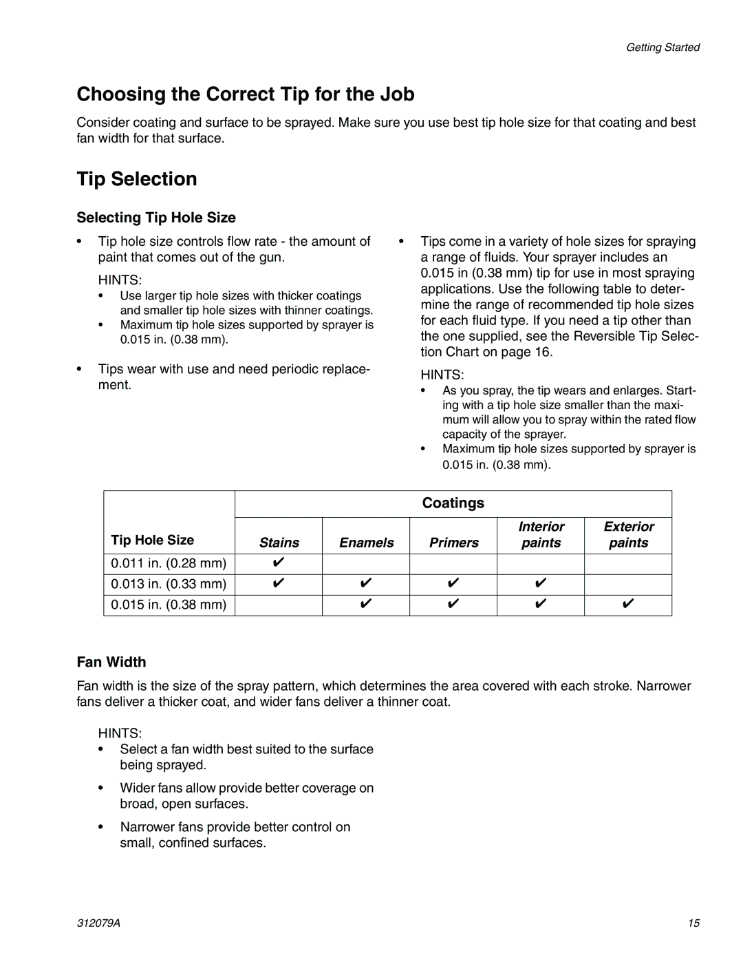 Graco 261800 Choosing the Correct Tip for the Job, Tip Selection, Selecting Tip Hole Size, Coatings, Fan Width 