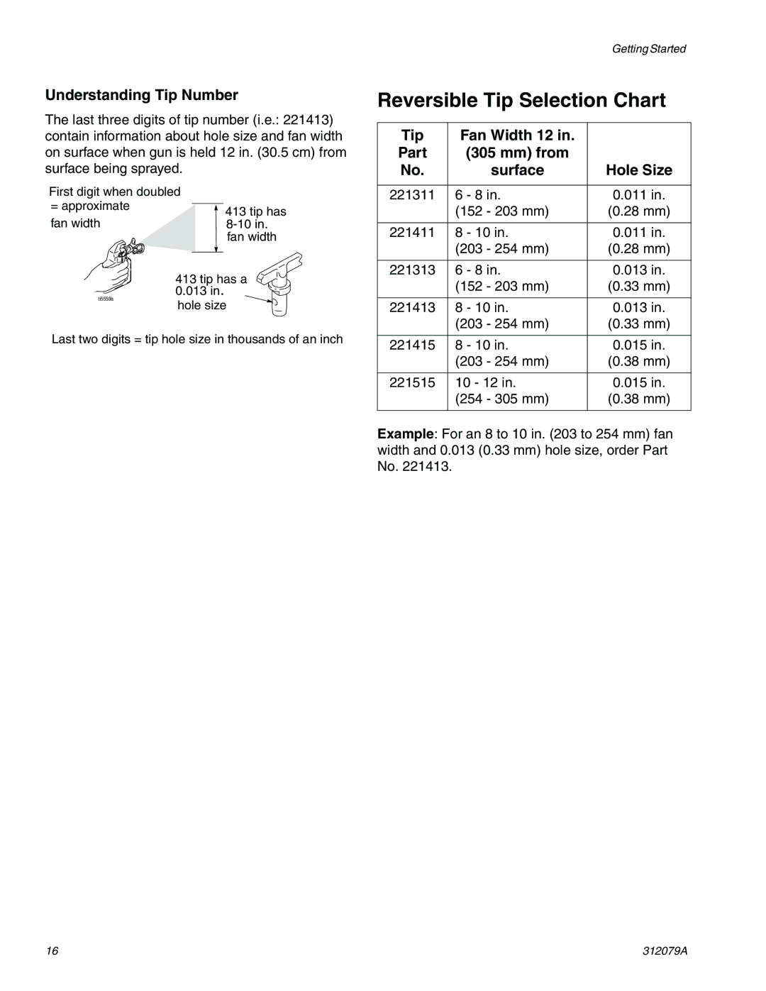 Graco 261800 specifications Reversible Tip Selection Chart, Understanding Tip Number, Tip Fan Width 12 Part Mm from Surface 