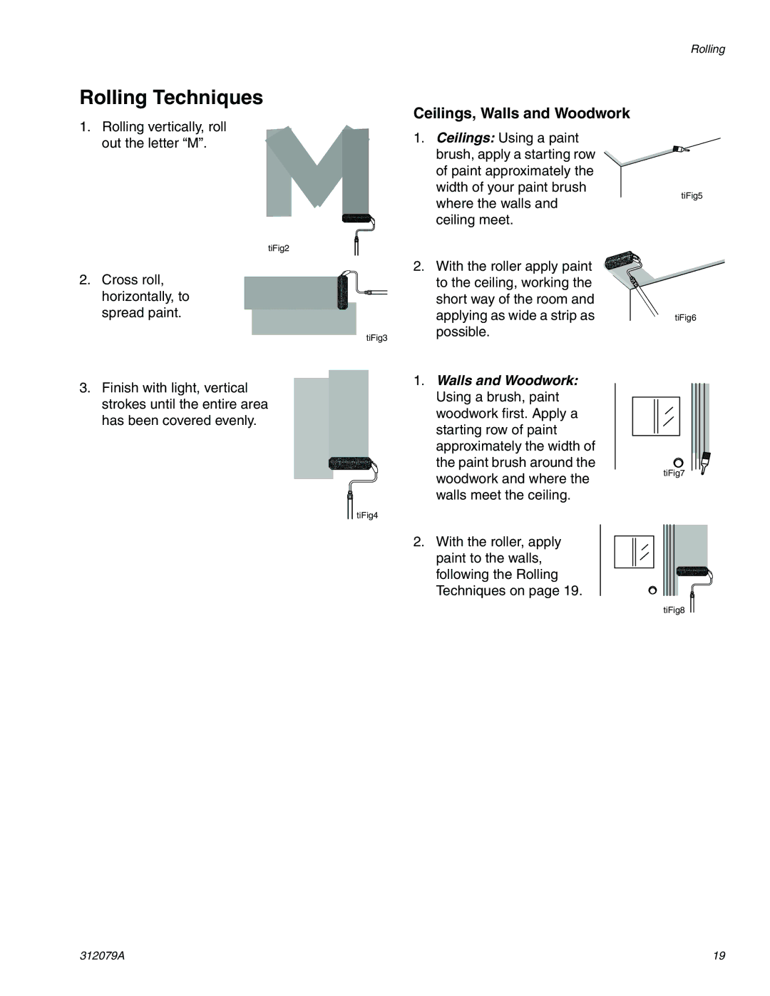 Graco 261800 specifications Rolling Techniques, Ceilings, Walls and Woodwork 