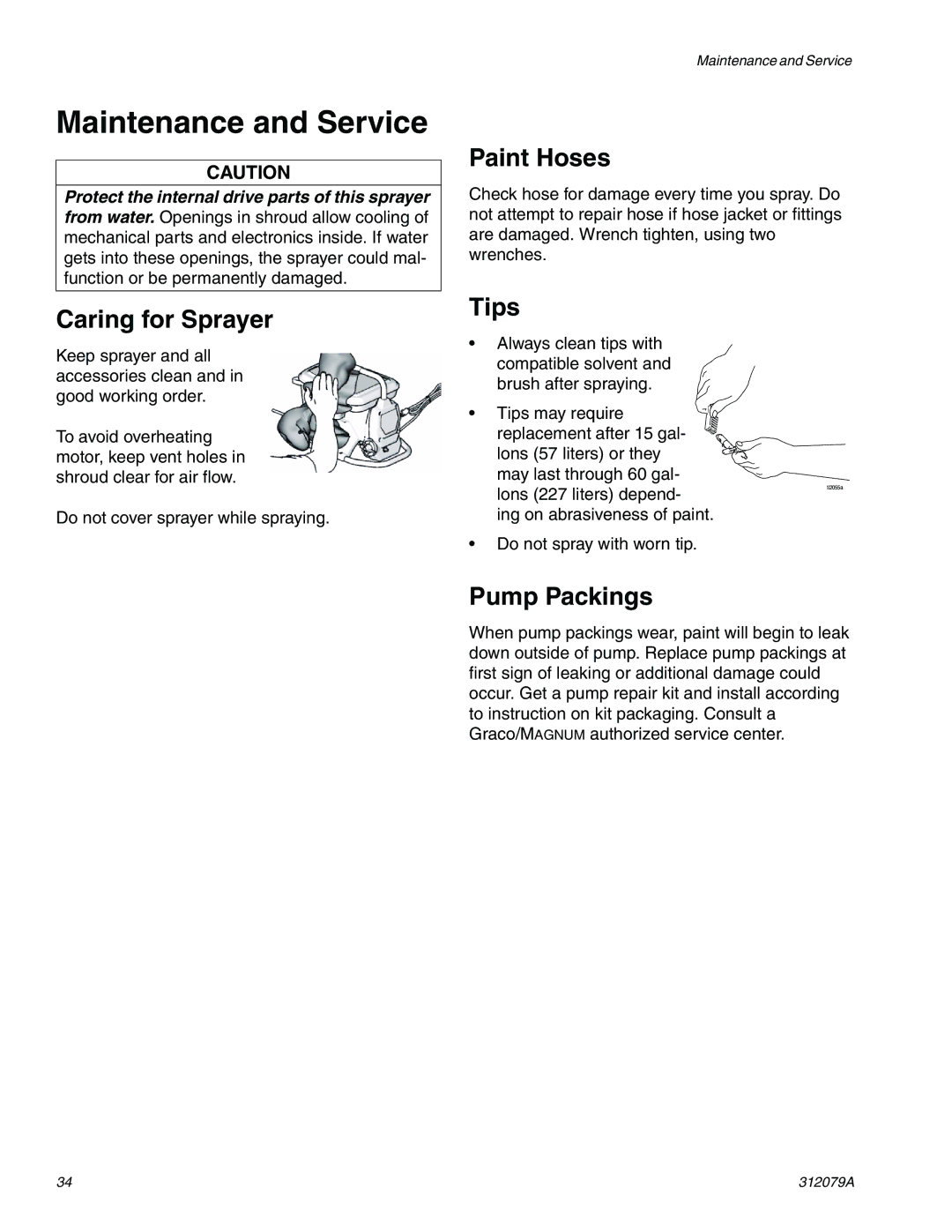 Graco 261800 specifications Maintenance and Service, Caring for Sprayer, Paint Hoses, Tips, Pump Packings 