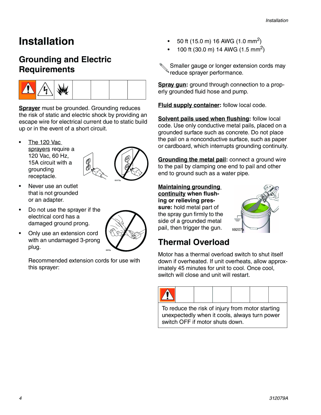 Graco 261800 specifications Installation, Grounding and Electric Requirements, Thermal Overload 