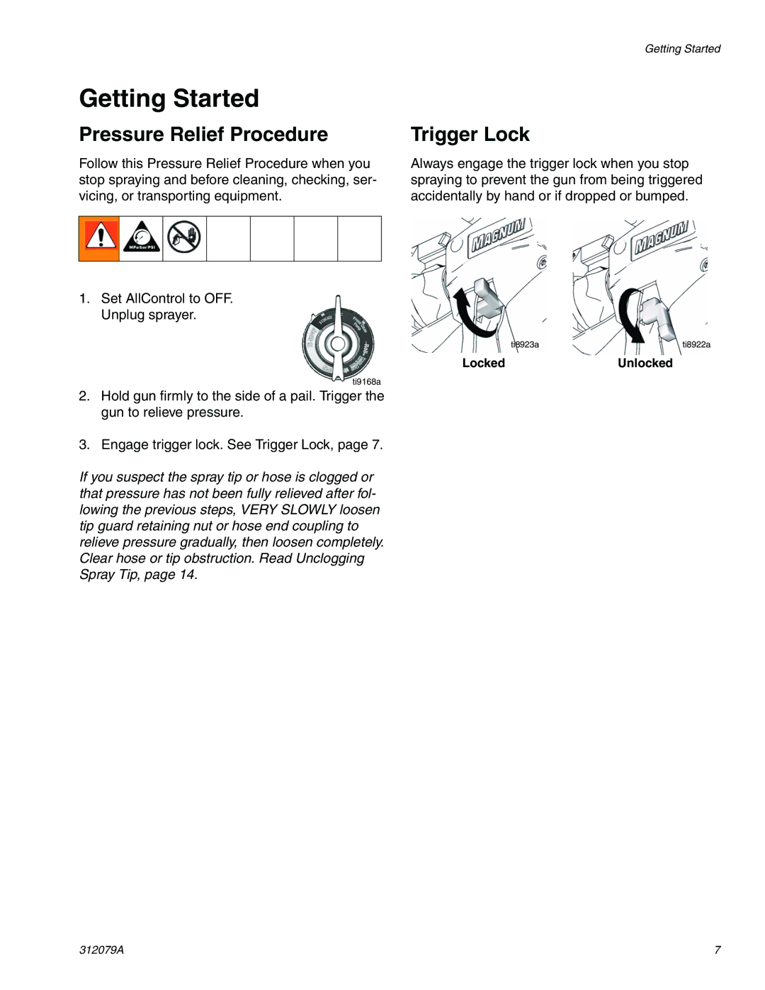 Graco 261800 specifications Getting Started, Pressure Relief Procedure, Trigger Lock 