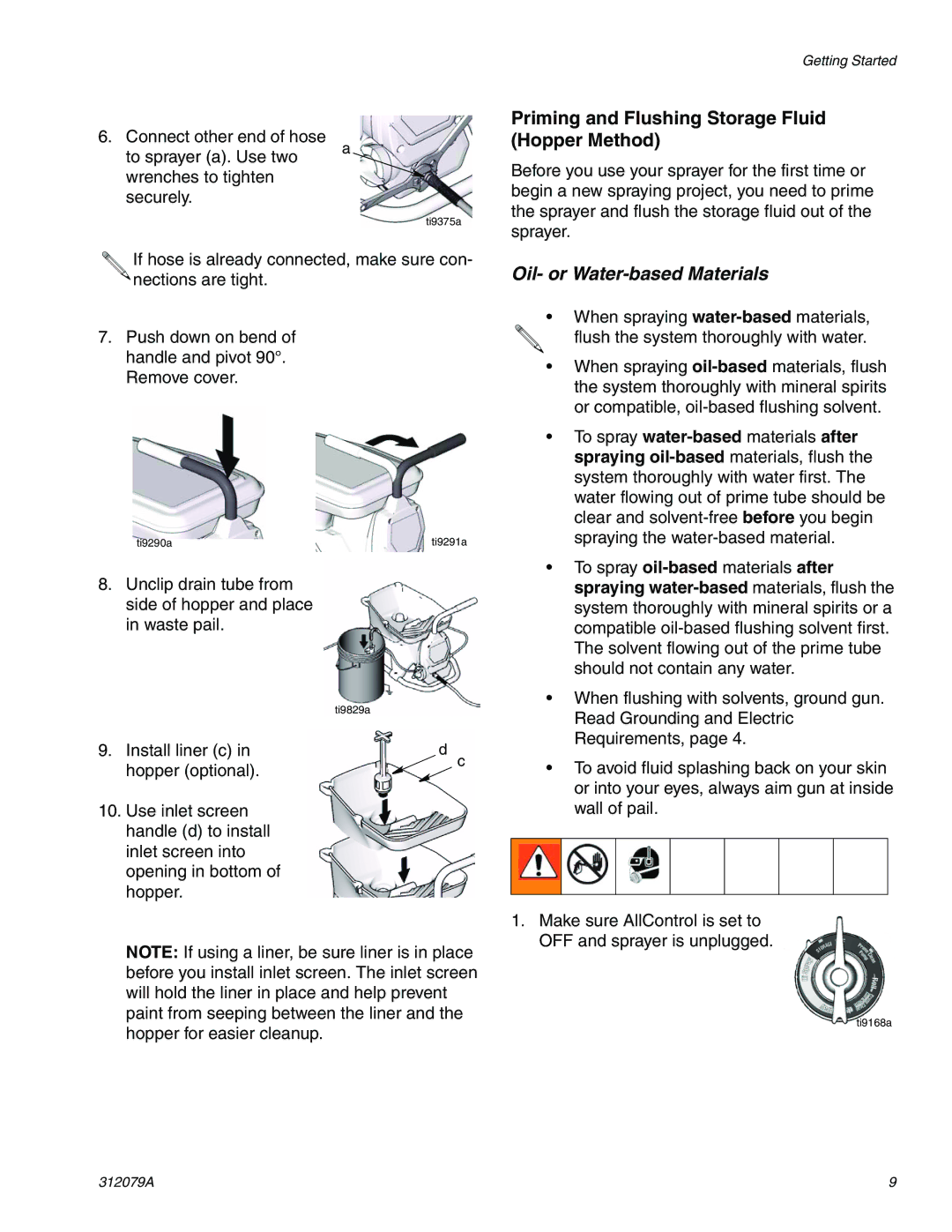 Graco 261800 specifications Priming and Flushing Storage Fluid Hopper Method, Oil- or Water-based Materials 