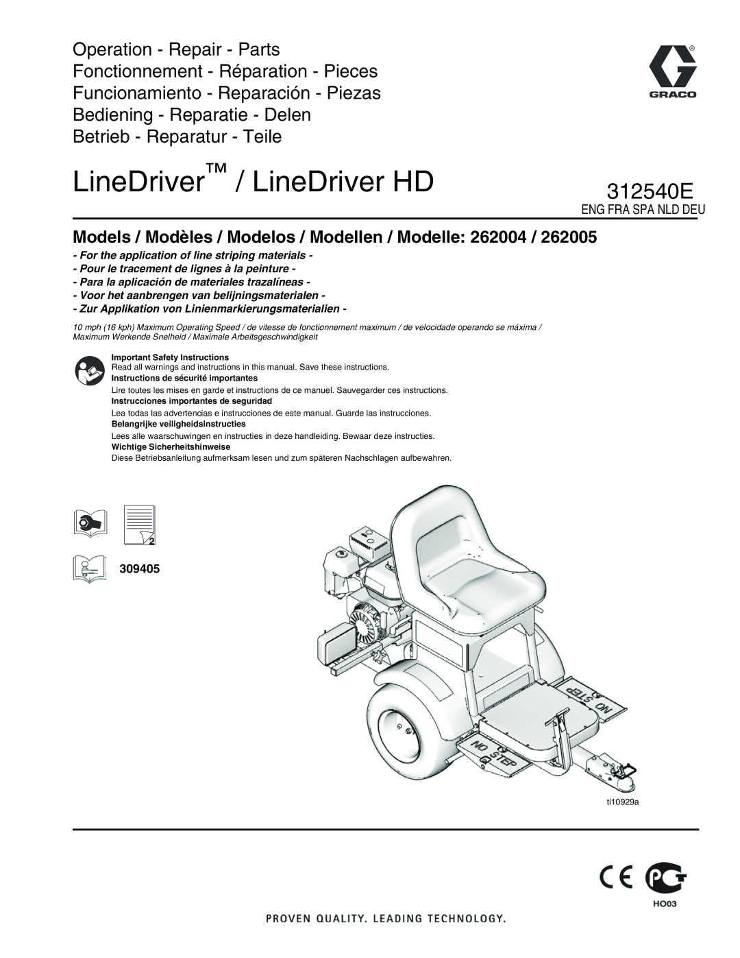 Graco 262005, 262004 important safety instructions LineDriver / LineDriver HD, 309405 