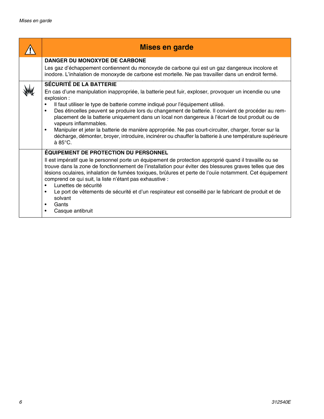 Graco 262004, 262005 important safety instructions Sécurité DE LA Batterie, Équipement DE Protection DU Personnel 