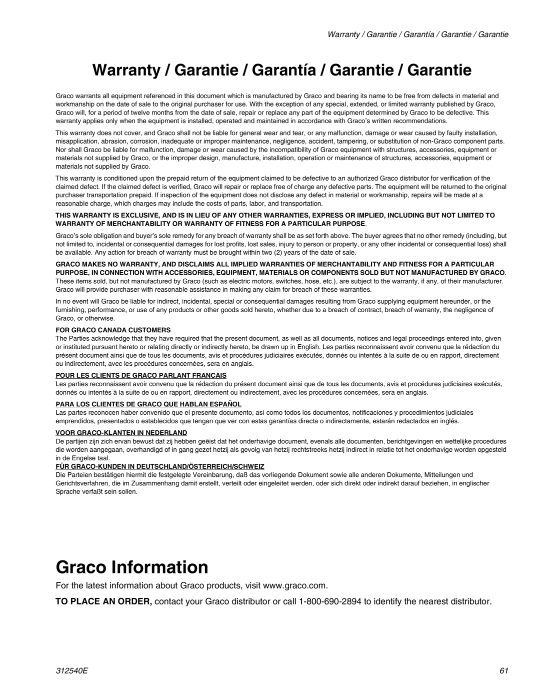 Graco 262005, 262004 important safety instructions Graco Information 