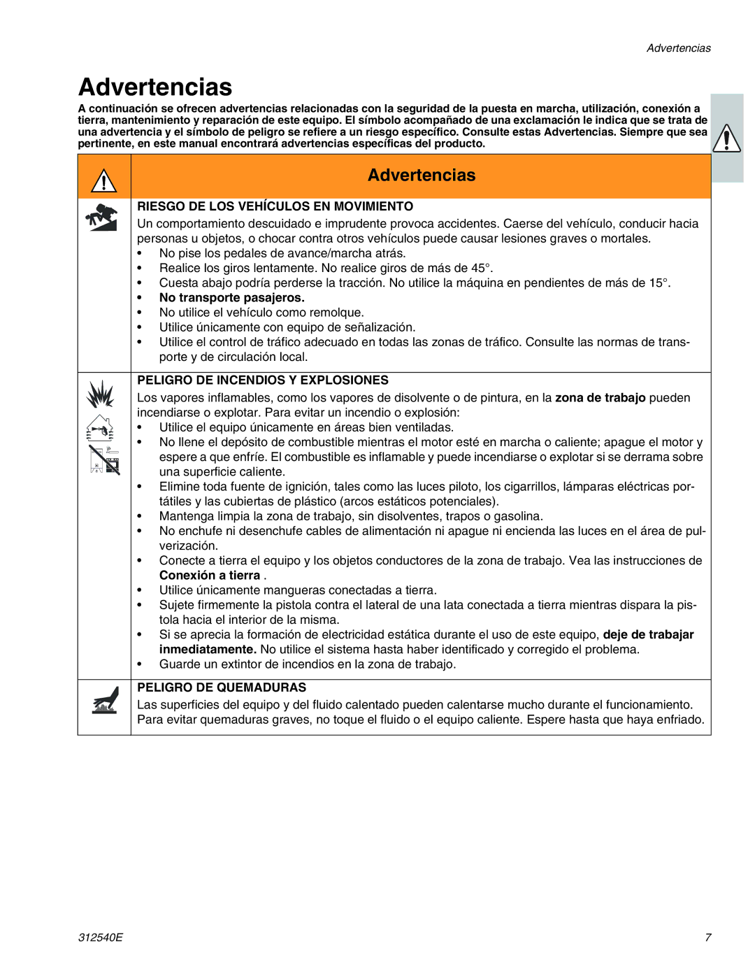 Graco 262005, 262004 Riesgo DE LOS Vehículos EN Movimiento, No transporte pasajeros, Peligro DE Incendios Y Explosiones 