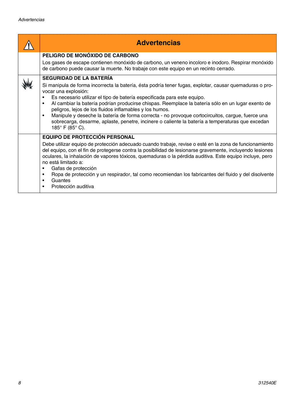 Graco 262004, 262005 Peligro DE Monóxido DE Carbono, Seguridad DE LA Batería, Equipo DE Protección Personal 