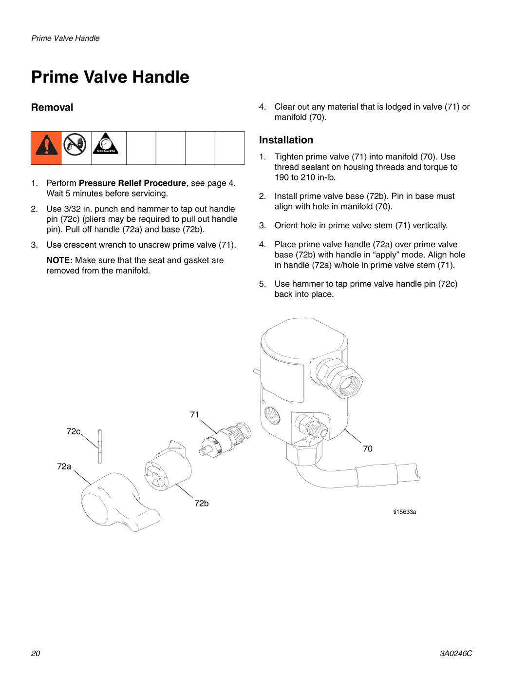 Graco 262300, 262288, 258907, 258906, 257100 manual Prime Valve Handle 