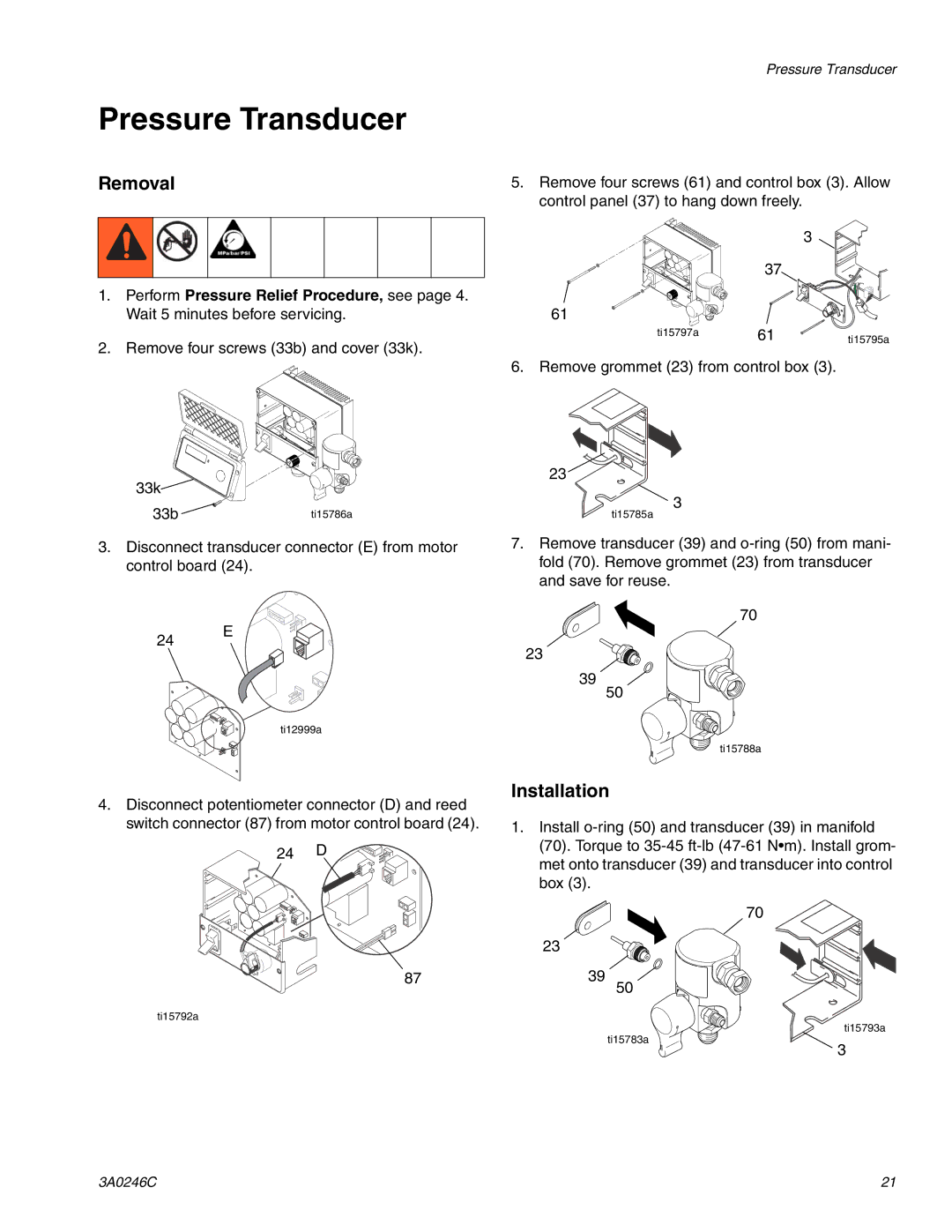 Graco 262288, 262300, 258907, 258906, 257100 manual Pressure Transducer 