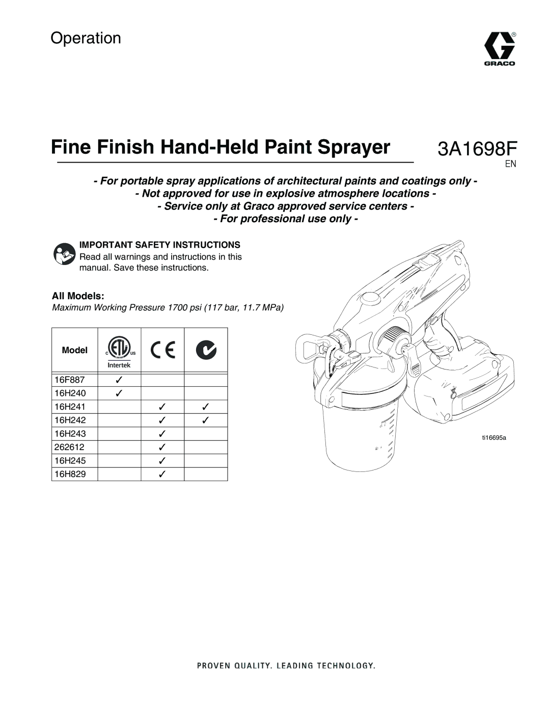 Graco 16H241, 262612, 16H243, 16H245, 16H242, 16H829 important safety instructions Fine Finish Hand-Held Paint Sprayer 3A1698F 