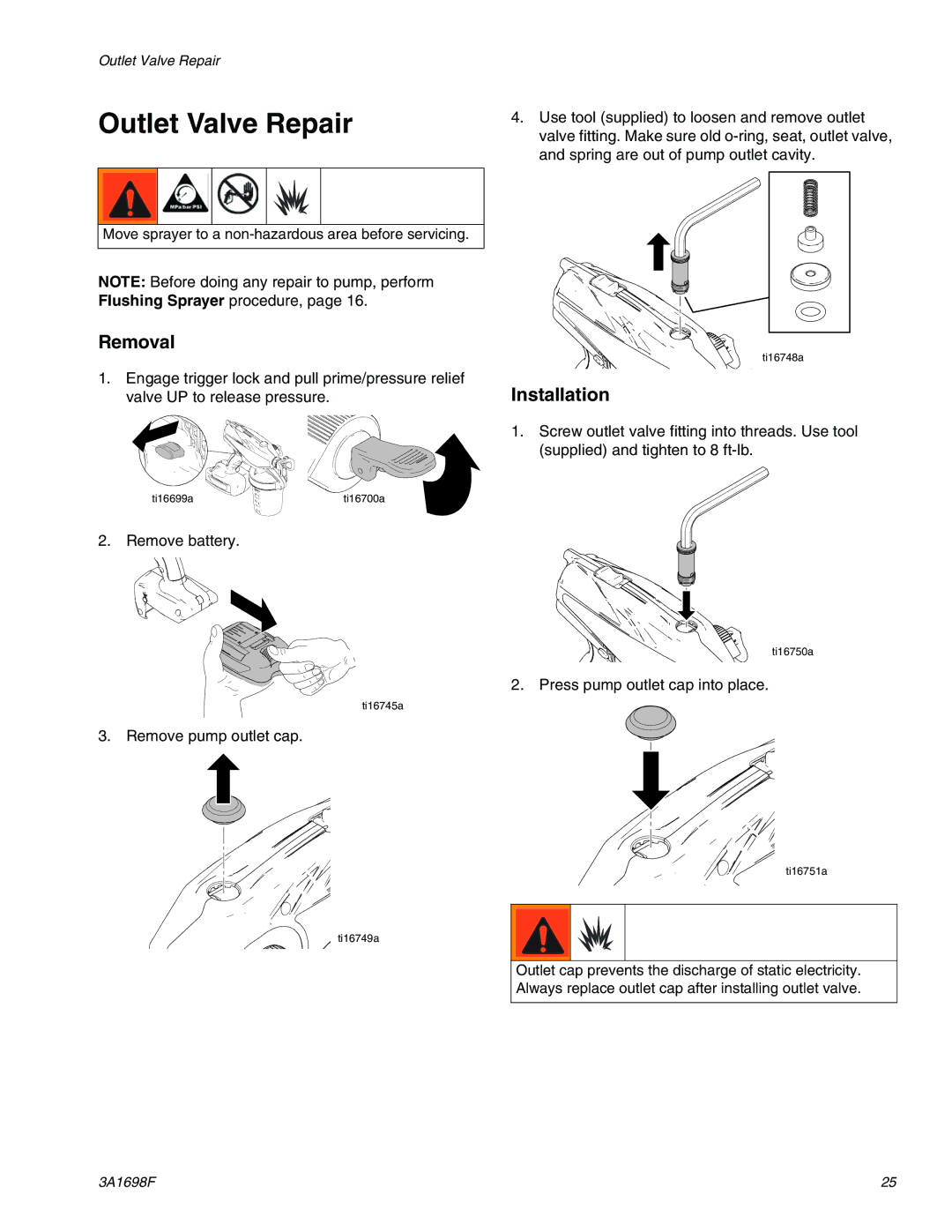 Graco 16H242, 262612, 16H241, 16H243, 16H245, 16F887  16H240, 16H829 important safety instructions Outlet Valve Repair, Removal 