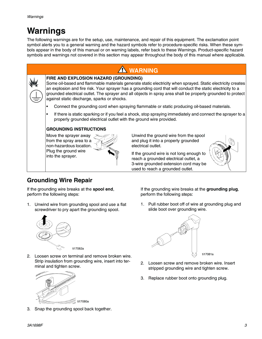 Graco 16H245, 262612, 16H241, 16H243, 16H242, 16F887  16H240, 16H829 important safety instructions Grounding Wire Repair 