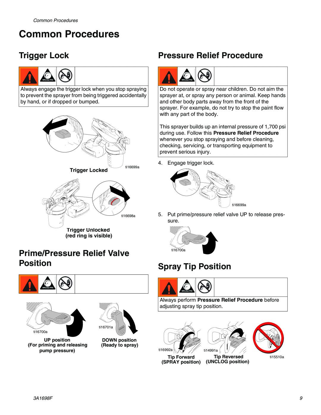 Graco 16H243, 262612 Trigger Lock, Pressure Relief Procedure, Prime/Pressure Relief Valve Position, Spray Tip Position 
