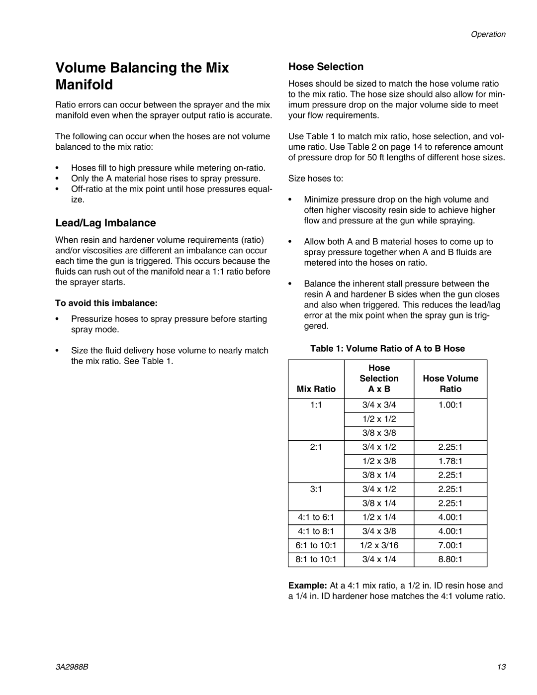 Graco 262893 important safety instructions Volume Balancing the Mix Manifold, Lead/Lag Imbalance 