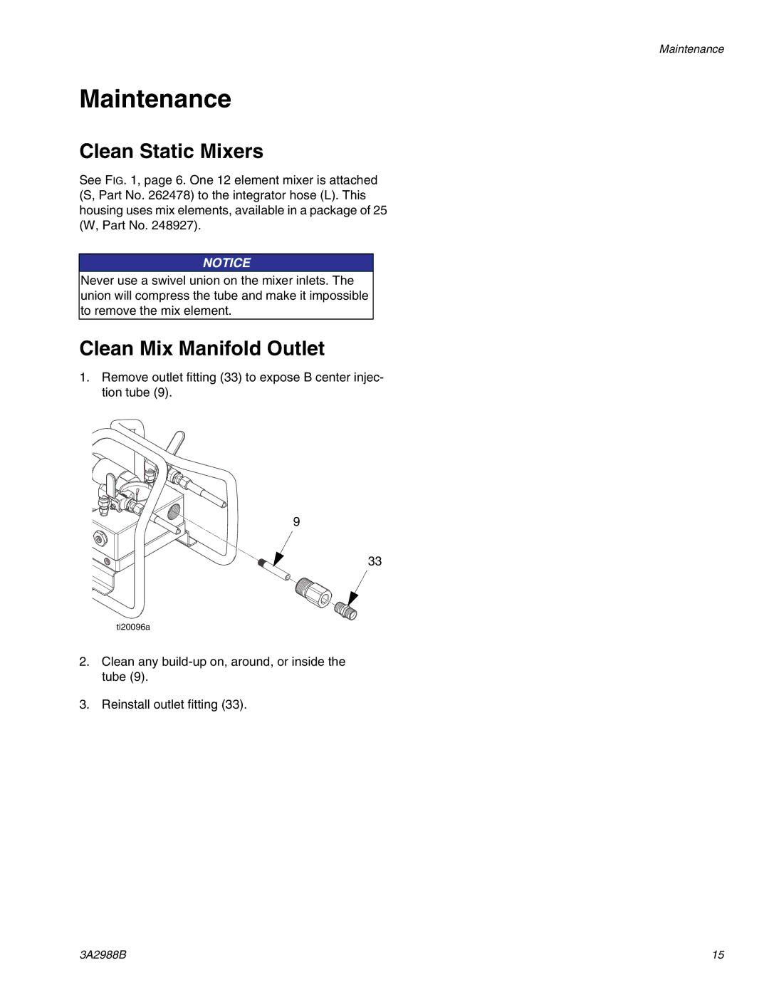 Graco 262893 important safety instructions Maintenance, Clean Static Mixers, Clean Mix Manifold Outlet 