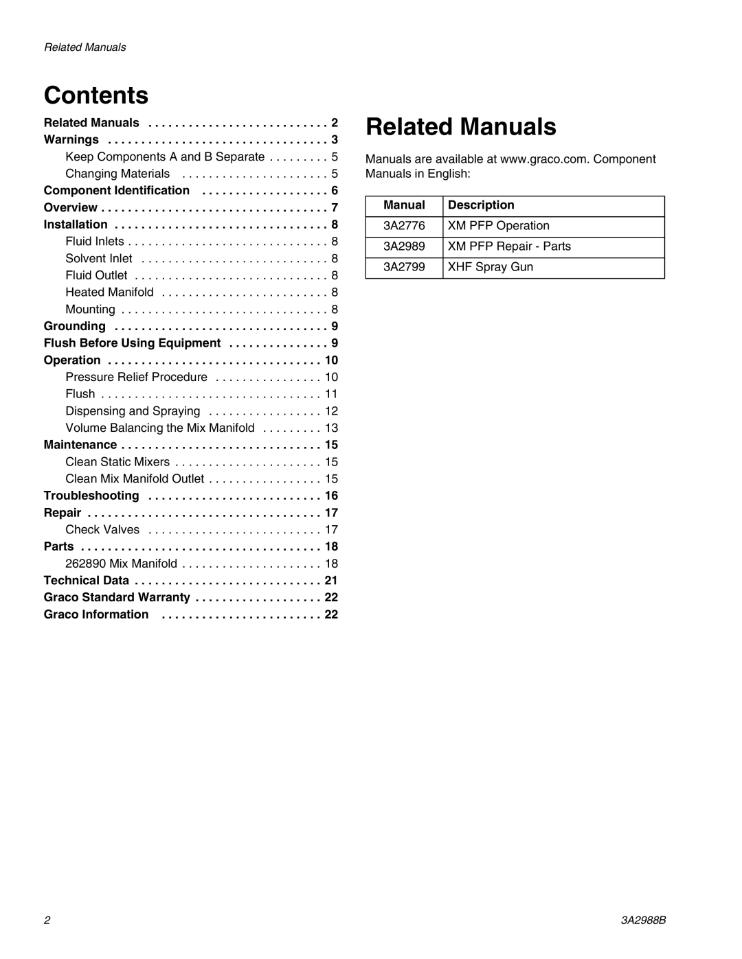 Graco 262893 important safety instructions Contents, Related Manuals 