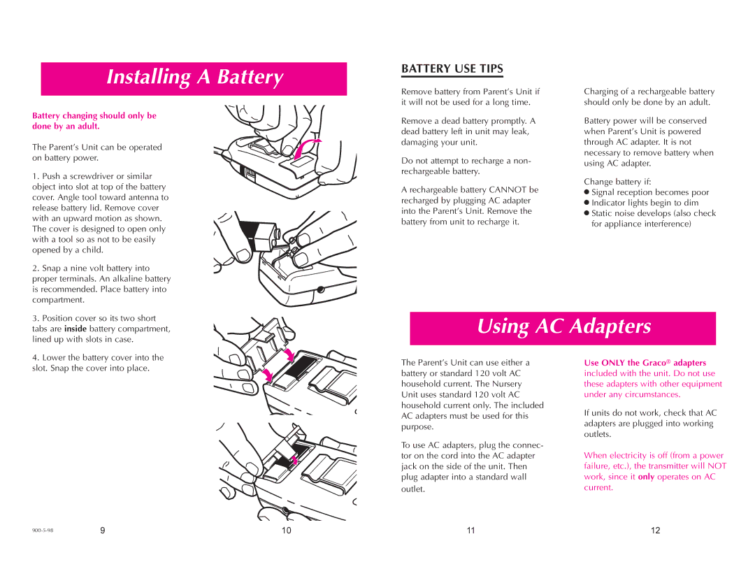 Graco 2700 user service Installing a Battery, Using AC Adapters, Battery USE Tips 