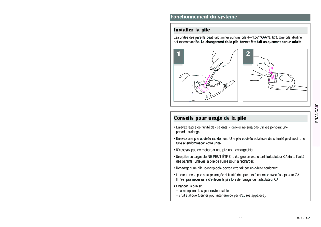 Graco 2725, 2745 manual Fonctionnement du système, Installer la pile, Conseils pour usage de la pile 