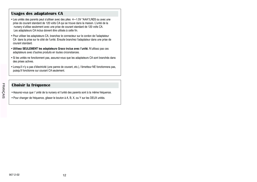 Graco 2745, 2725 manual Usages des adaptateurs CA, Choisir la fréquence 