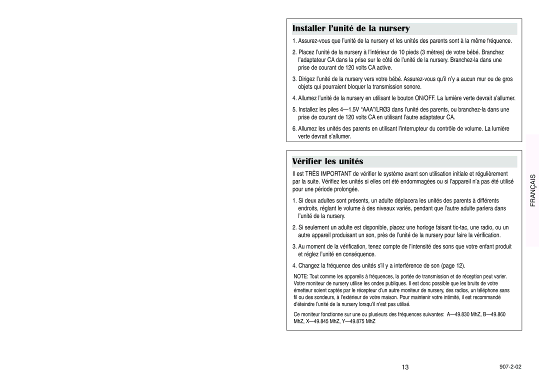 Graco 2725, 2745 manual Installer l’unité de la nursery, Vérifier les unités 