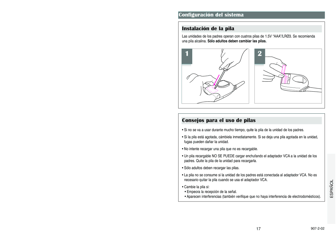 Graco 2725, 2745 manual Configuración del sistema, Instalación de la pila, Consejos para el uso de pilas 