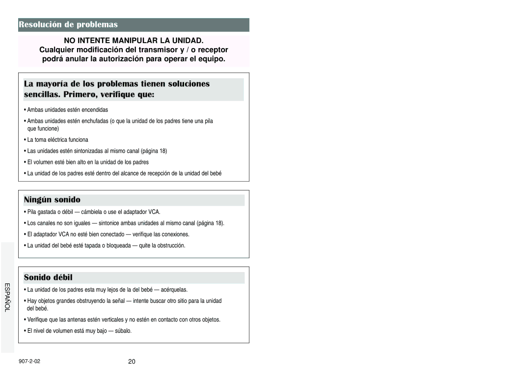 Graco 2745, 2725 manual Resolución de problemas, Ningún sonido, Sonido débil 
