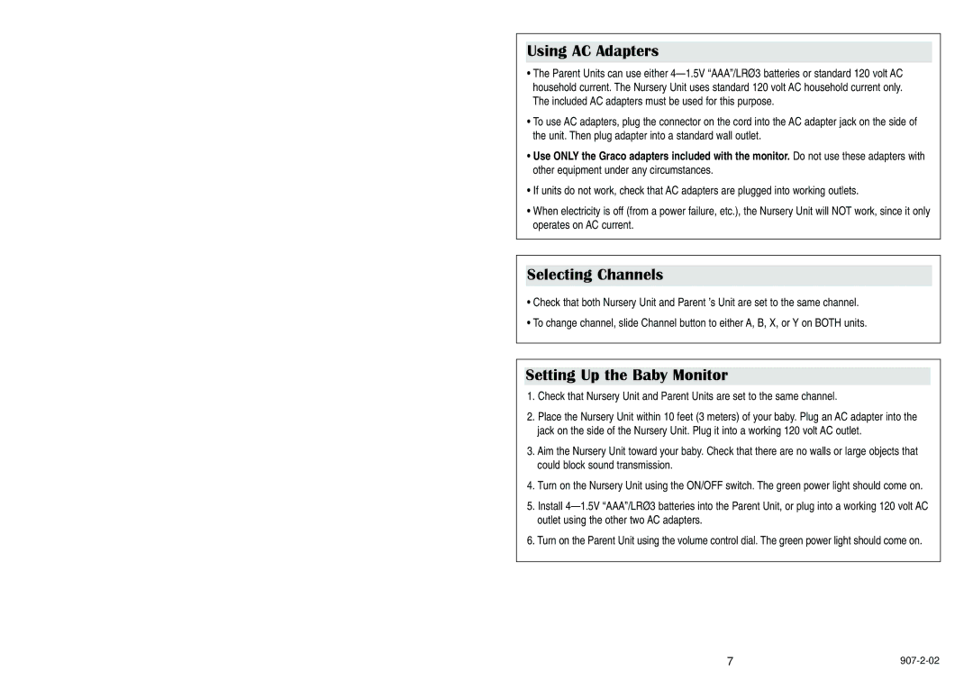 Graco 2725, 2745 manual Using AC Adapters, Selecting Channels, Setting Up the Baby Monitor 