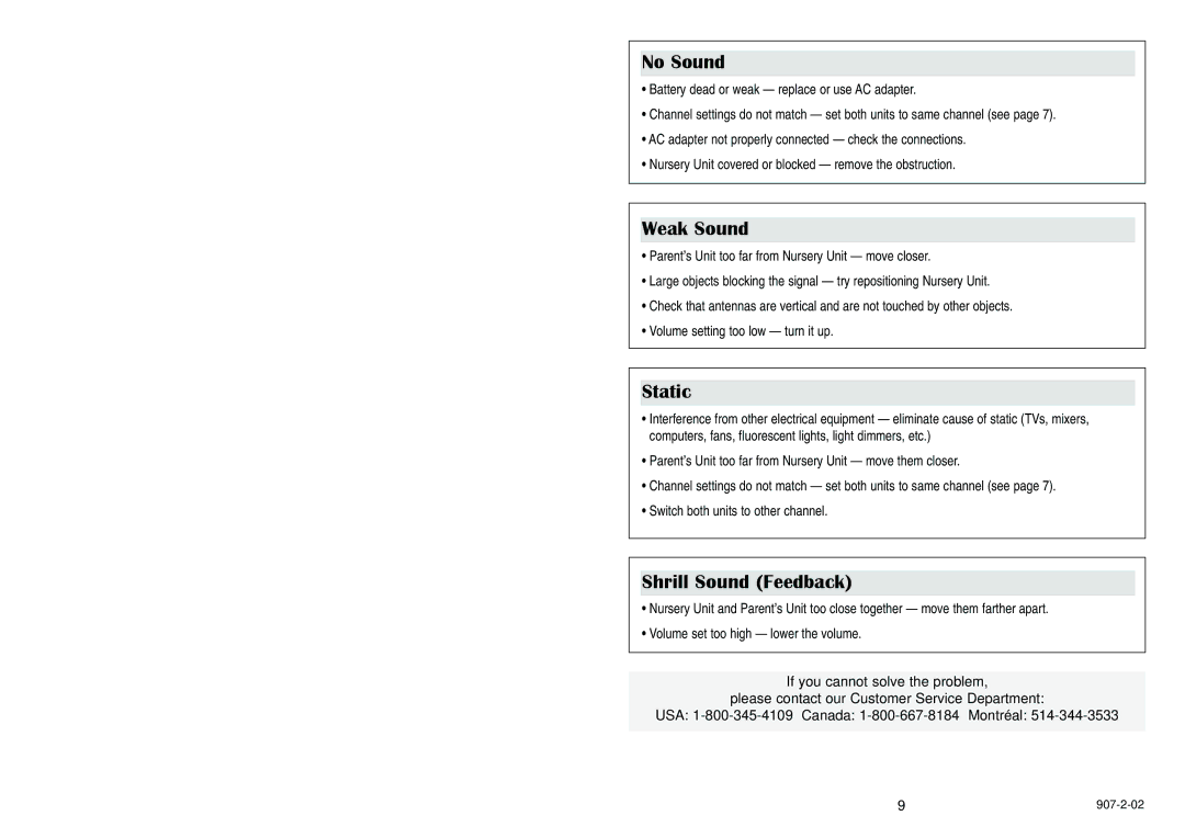 Graco 2725, 2745 manual No Sound, Weak Sound, Static, Shrill Sound Feedback 
