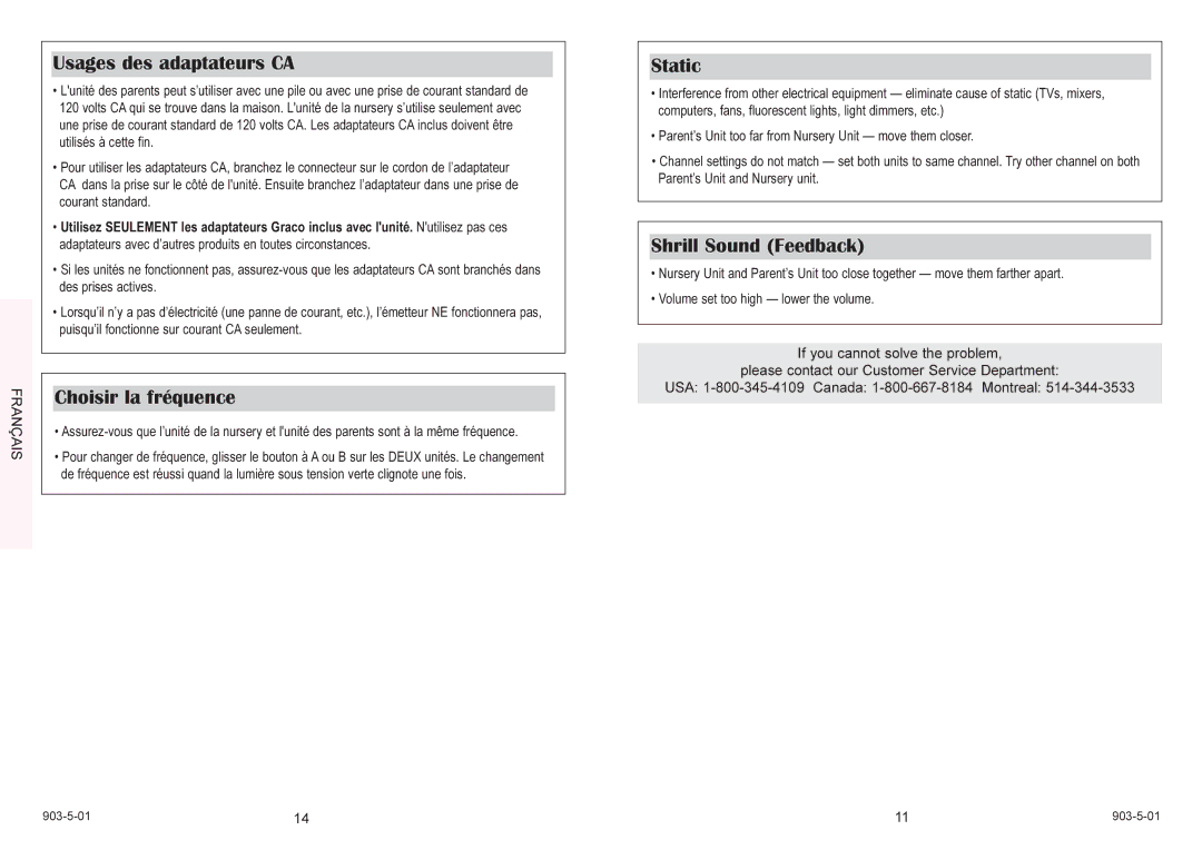 Graco 2770 owner manual Usages des adaptateurs CA, Choisir la fréquence, Static, Shrill Sound Feedback 