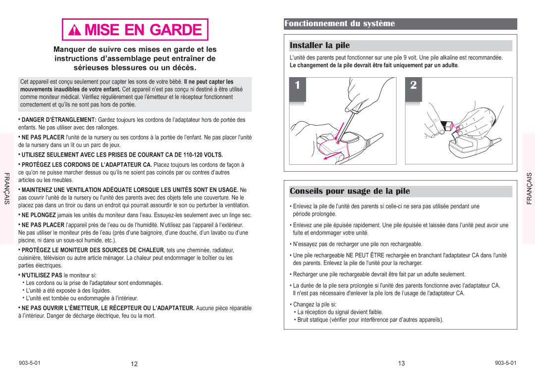 Graco 2770 owner manual Fonctionnement du système, Installer la pile, Conseils pour usage de la pile 