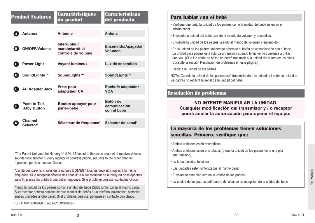 Graco 2770 owner manual Para hablar con el bebé, Resolución de problemas, No Intente Manipular LA Unidad, Vca, Español 