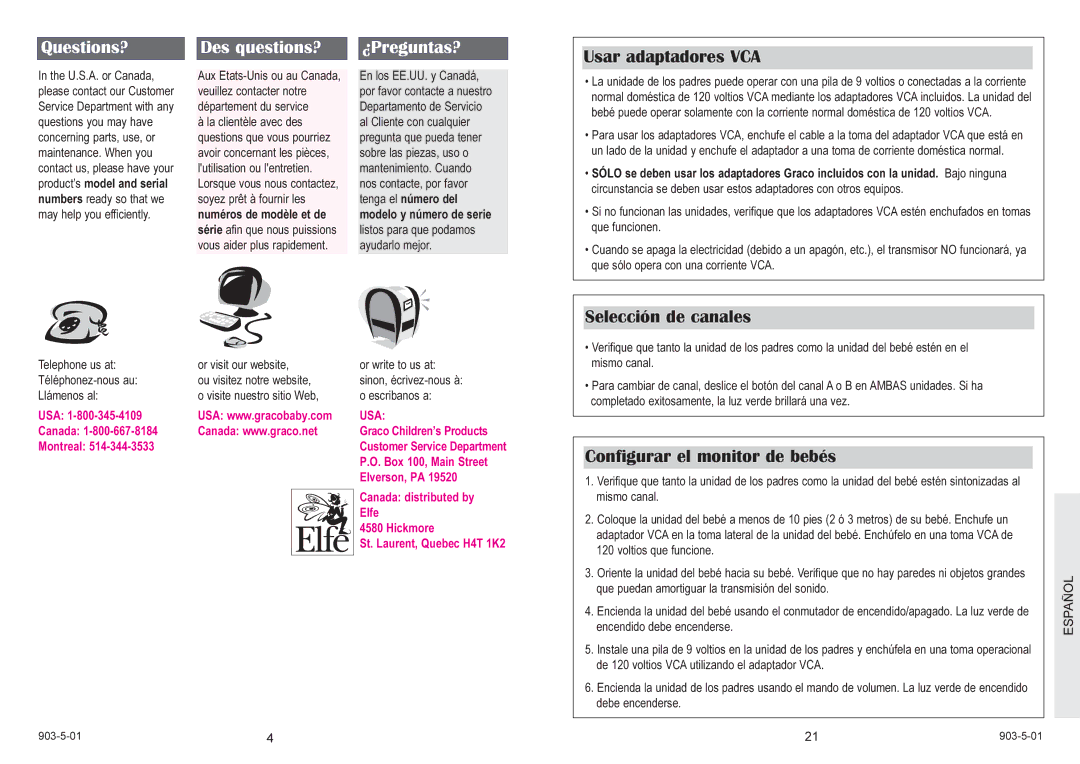 Graco 2770 Questions? Des questions?, Usar adaptadores VCA, Selección de canales, Configurar el monitor de bebés 