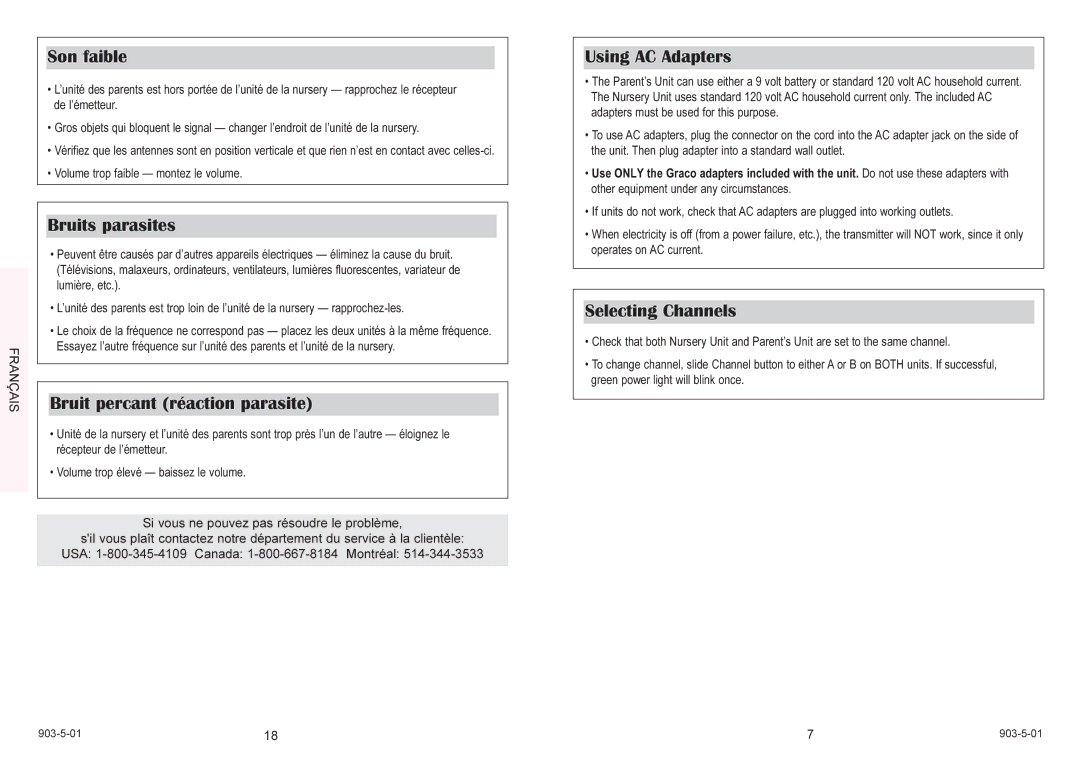 Graco 2770 Son faible, Bruits parasites, Bruit percant réaction parasite, Using AC Adapters, Selecting Channels 