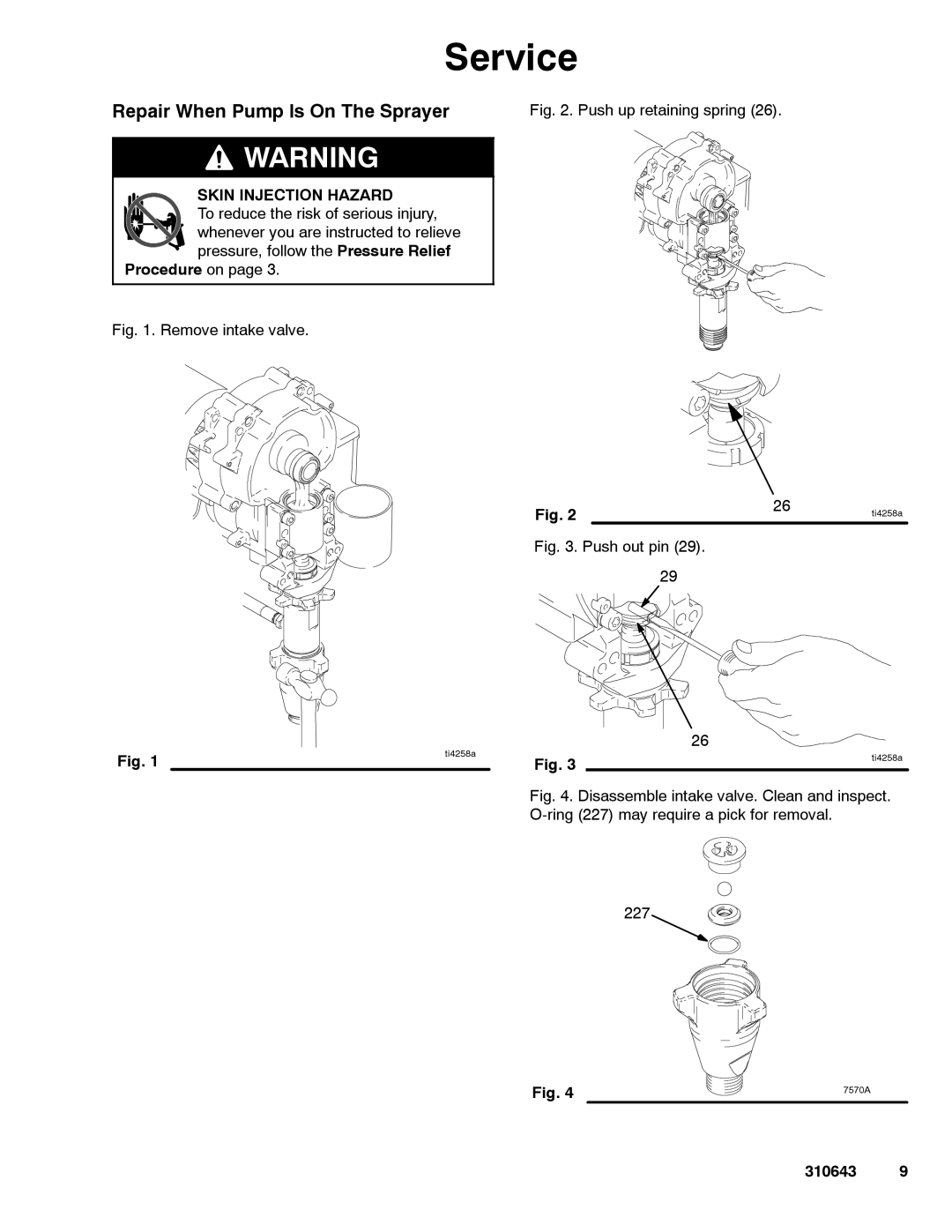 Graco 277070, 277069, 257146, 249057, 249059, 248204, 255968, 248205 Repair When Pump Is On The Sprayer, Skin Injection Hazard 