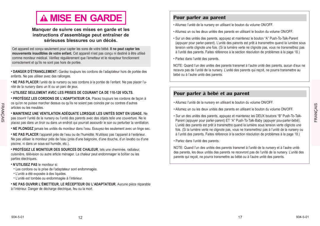 Graco 2775 owner manual Pour parler au parent, Pour parler à bébé et au parent, Parlez dans l’unité des parents 